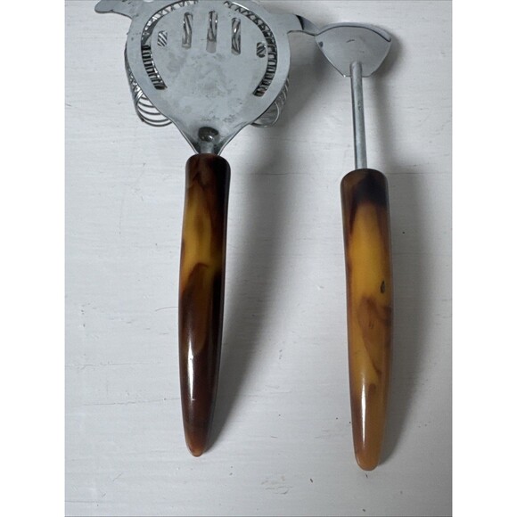 MCM Parker Gaines Stainless Cocktail Strainer & Spoon w/ Marbled Bakelite Handle - Picture 6 of 8